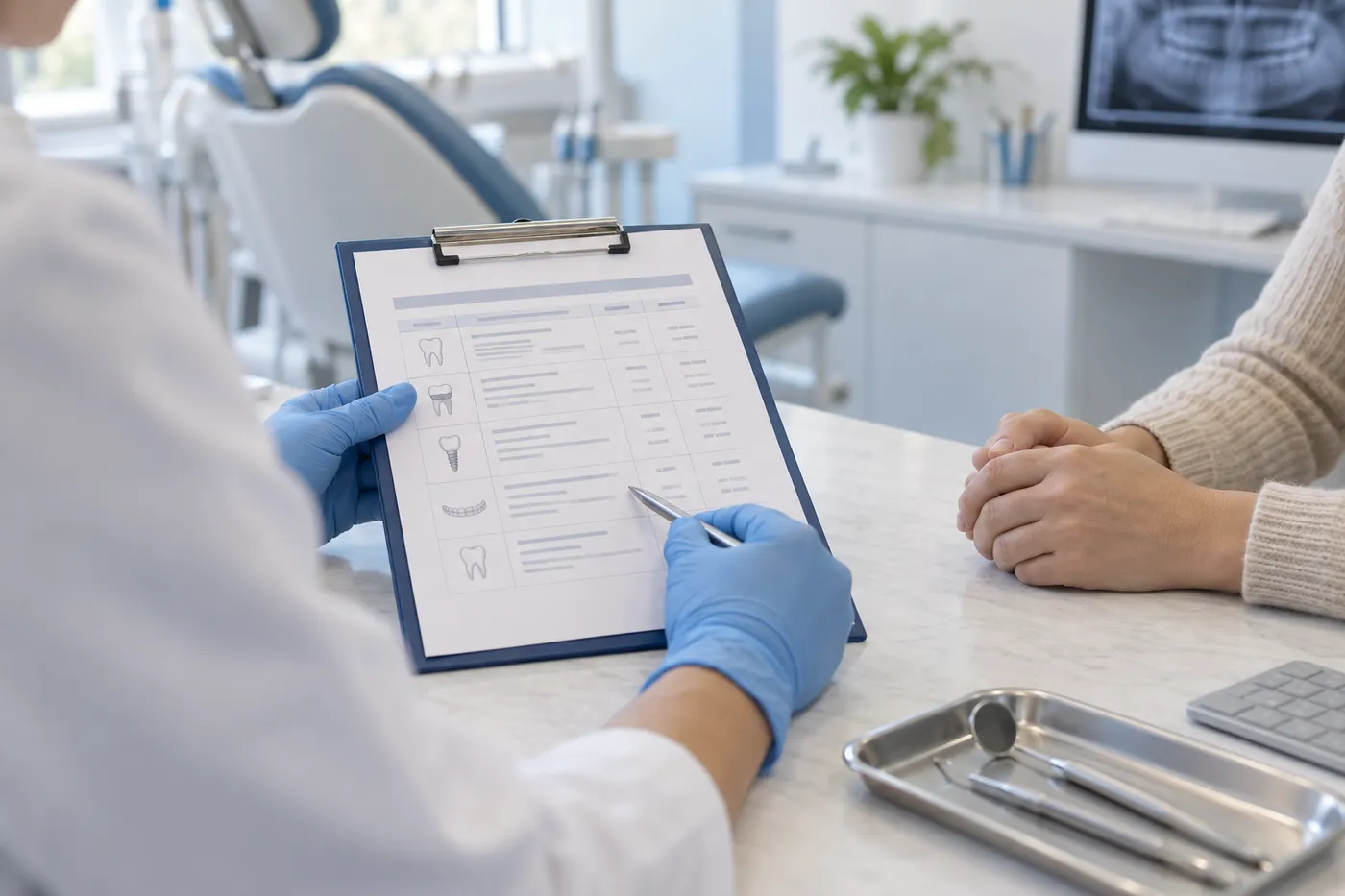 Representative photo: a clinician's gloved hands pointing to an itemized written treatment plan across a desk