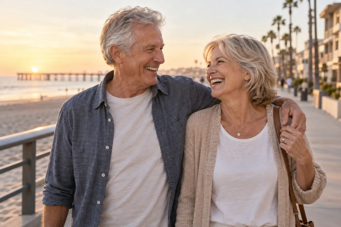 Representative photo: a couple laughing together outdoors with confident, natural smiles